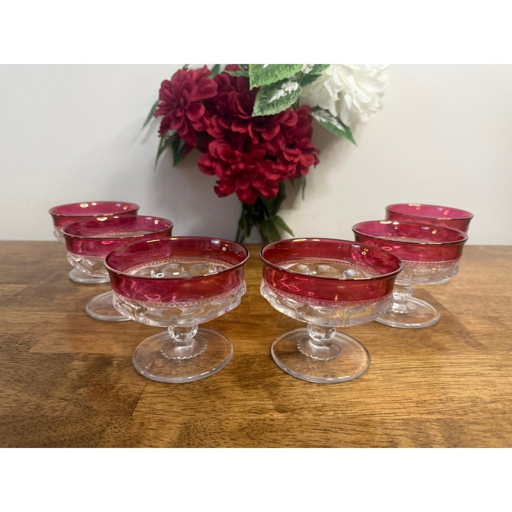 Vintage King's Crown Ruby Red Flashed Coupe Glasses Pedestal Set 6 Retro Barware